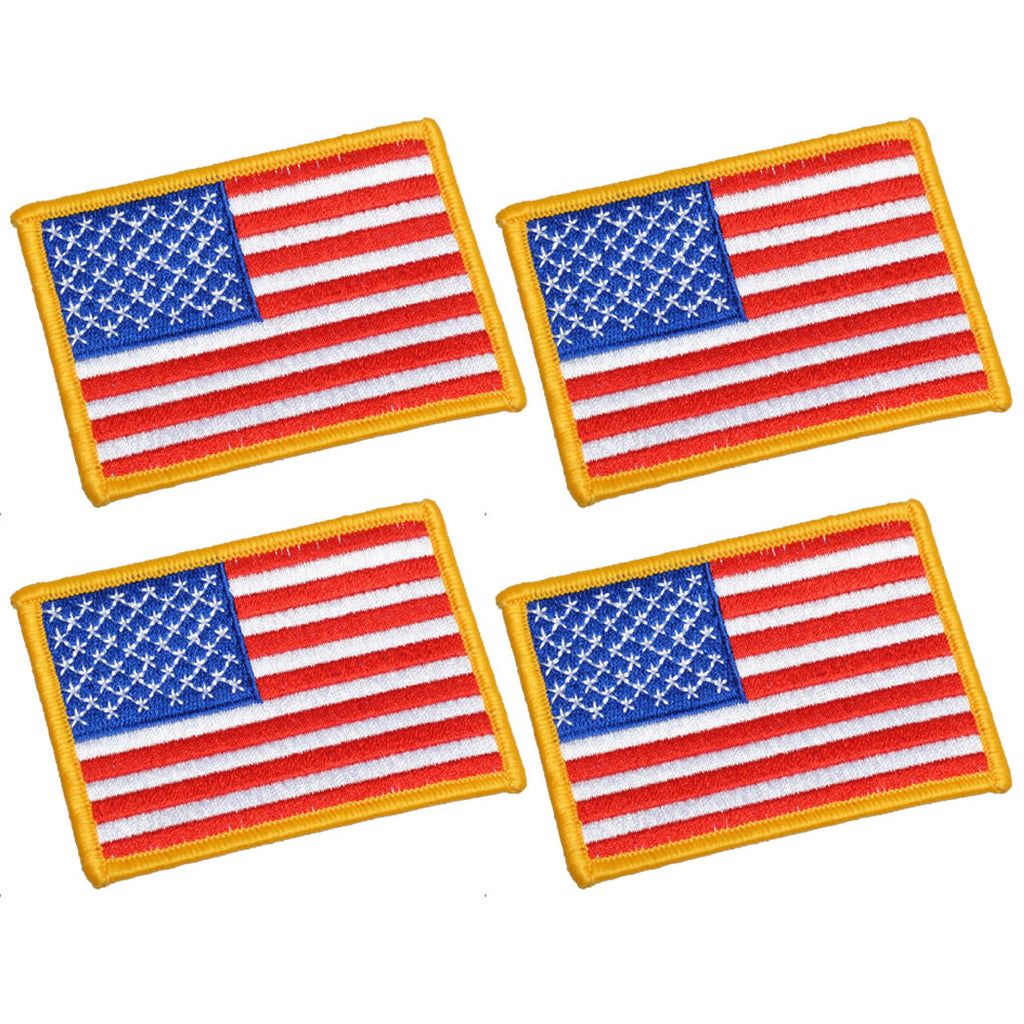 UNIS 4 Pack, 3.5 X 2.5. Inch American US Flag Embroidered Cloth Sew on Iron on Patch Golden Yellow Border.