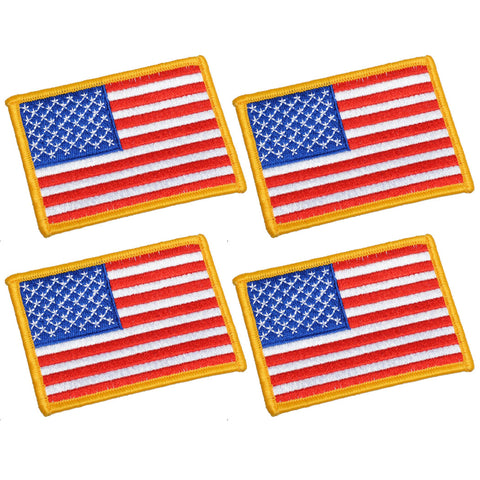 UNIS 4 Pack, 3.5 X 2.5. Inch American US Flag Embroidered Cloth Sew on Iron on Patch Golden Yellow Border.